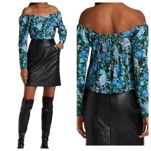 WAYF Shane Off The Shoulder Top Size Small S Blue Rose Floral Print